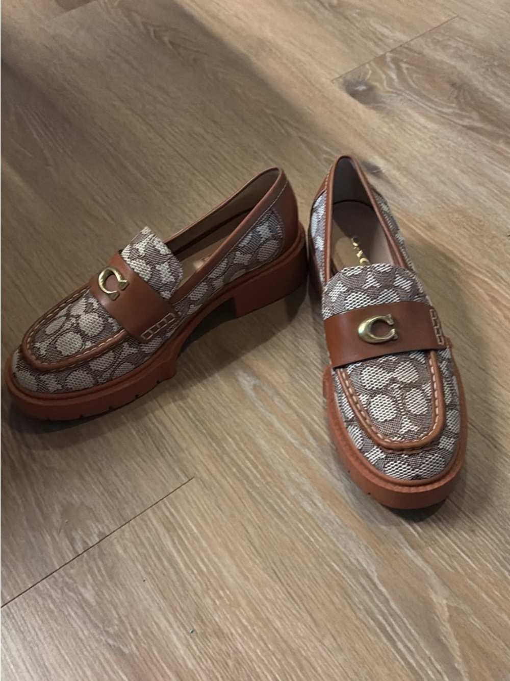 Coach Brown & Beige Signature Jacquard Leather-Trim Loafers - Picture 2 of 2